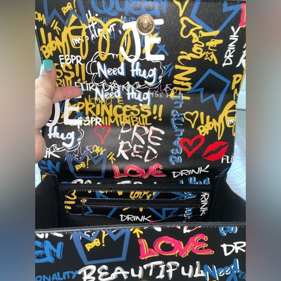 Bee Box Satchel Handbag Purse W/Matching Wallet Black Graffiti - Picture 6 of 16